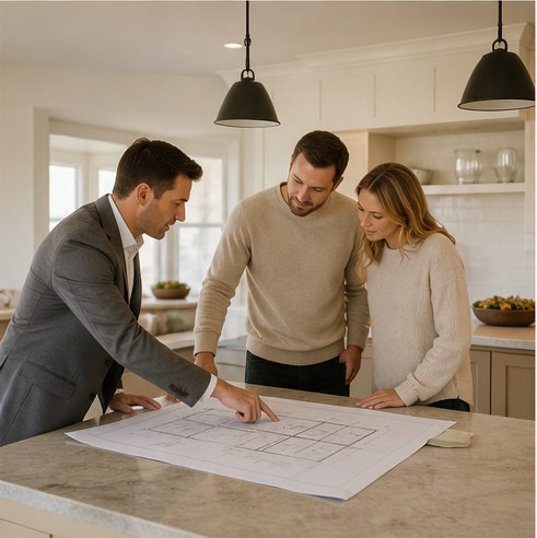 Couple reviewing home plans with a builder