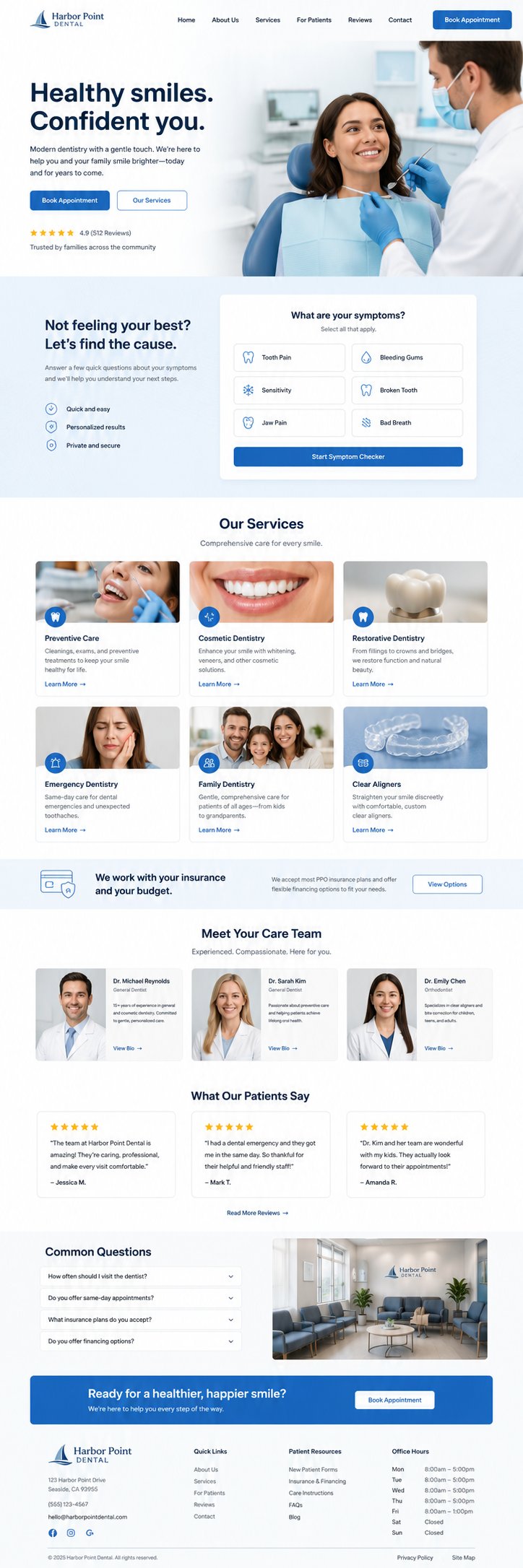 Dental practice website direction shown in a desktop browser frame