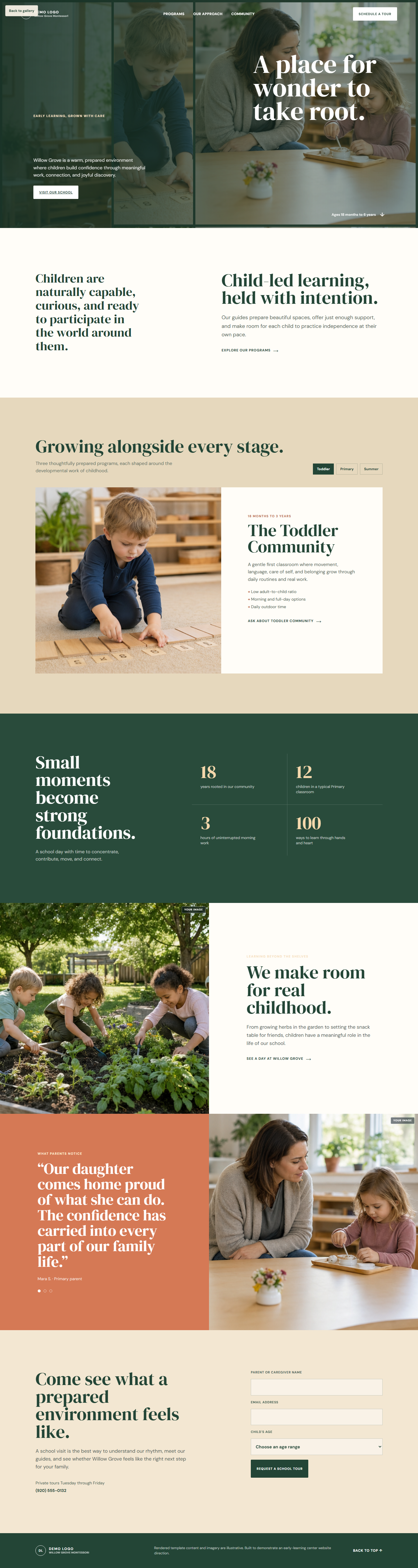 Montessori school website demo with program tabs, parent trust, and tour request flow